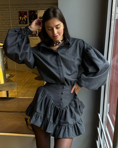 AURORA | Lantern Sleeve Shirt and Ruffled Skirt Set