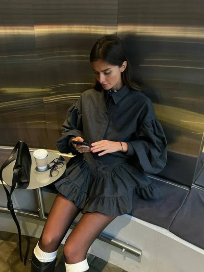 AURORA | Lantern Sleeve Shirt and Ruffled Skirt Set